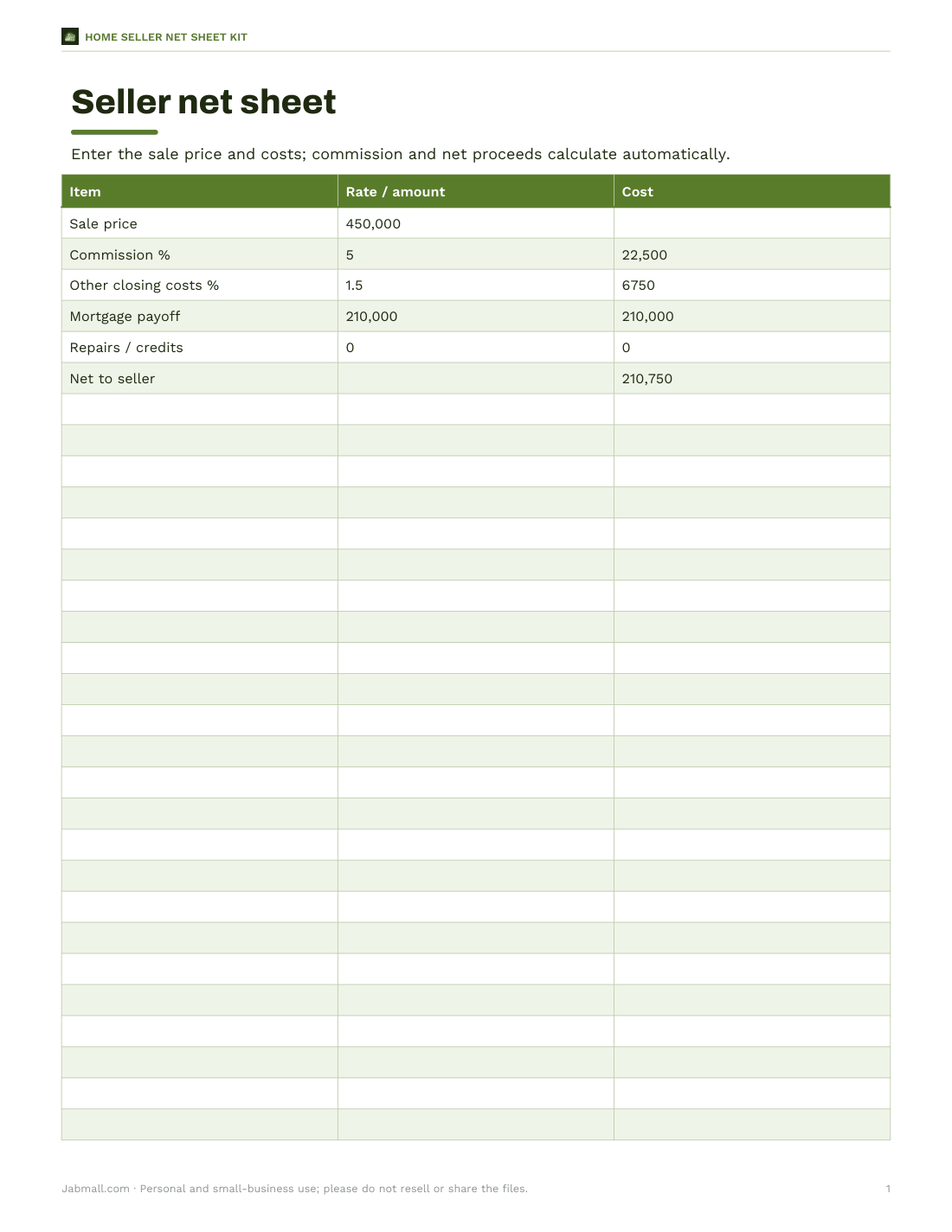 Preview of the first page of Net sheet (XLSX)